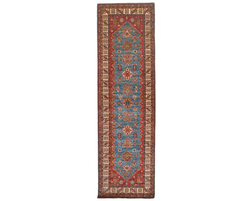 13 Feet Blue Red Kazak Afghan Hand Knotted Wool Runner Rug